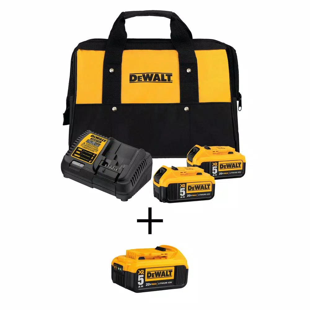 Power Tool Batteries DEWALT 20-Volt MAX XR Premium Lithium-Ion 5.0Ah Battery Pack (3-Pack), Charger & Kit Bag