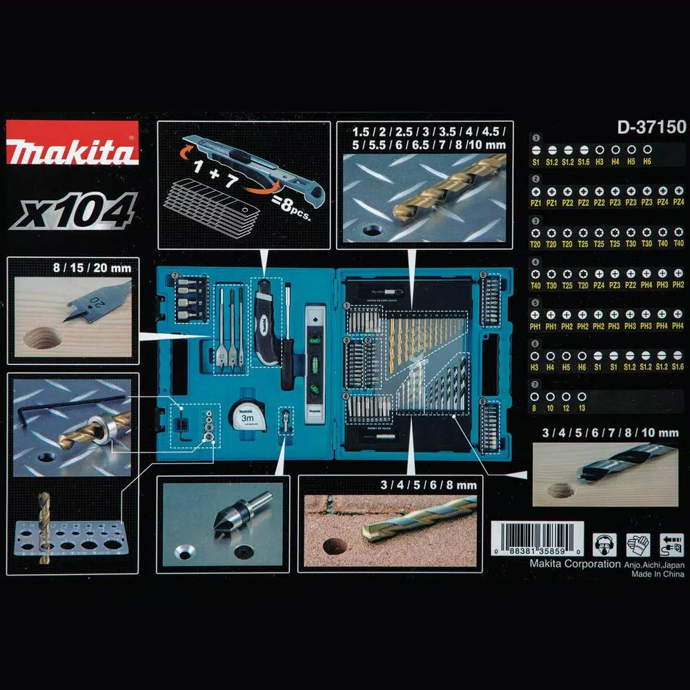 Drill Bits Makita Metric Bit And Hand Tool Set, Metal, Wood, Masonry, Straight Shank (104-Piece) - Image 2