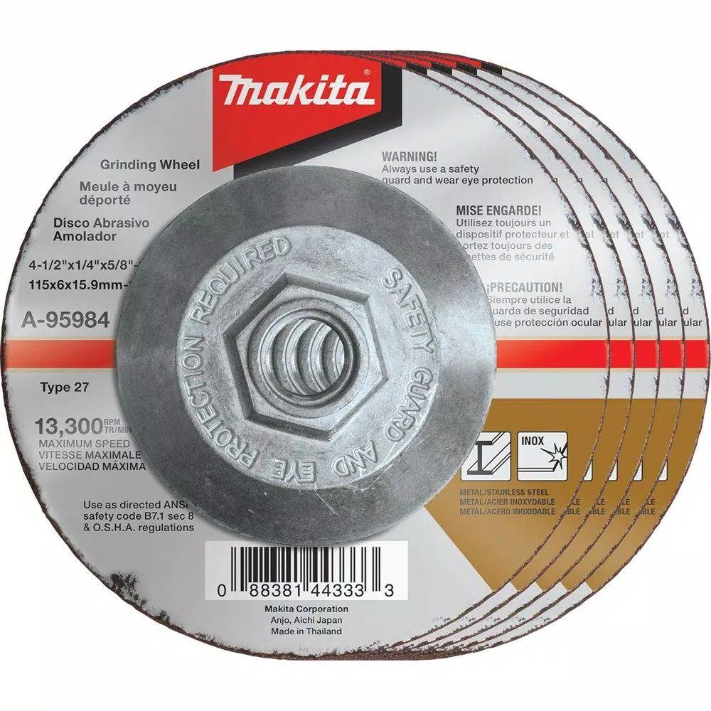 Abrasives Makita 4-1/2 In. X 1/4 In. X 5/8 In. 36-Grit INOX Grinding Wheel (5-Pack) For Use With 4-1/2 In. Angle Grinders