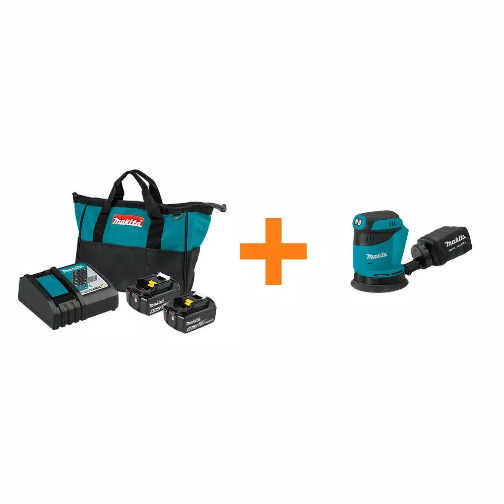 Power Tool Batteries Makita 18-Volt LXT 4.0 Ah Battery And Rapid Optimum Charger Starter Pack With Bonus 18V LXT 5 In. Random Orbit Sander