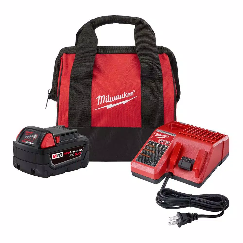 Power Tool Batteries Milwaukee M18 18-Volt Lithium-Ion 5.0 Ah Battery And Charger Starter Kit With Tool Bag