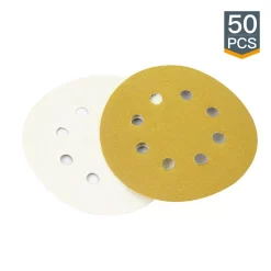 Abrasives POWERTEC 5 In. 8-Hole 120-Grit Hook And Loop Sanding Discs In Gold (50-Pack)