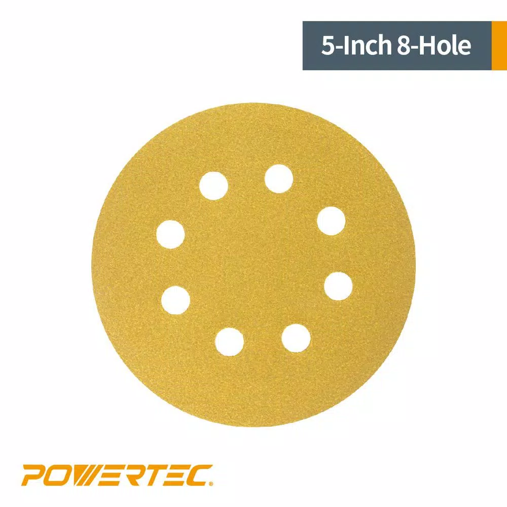 Abrasives POWERTEC 5 In. 8-Hole 150-Grit Hook And Loop Sanding Discs In Gold (50-Pack) - Image 2
