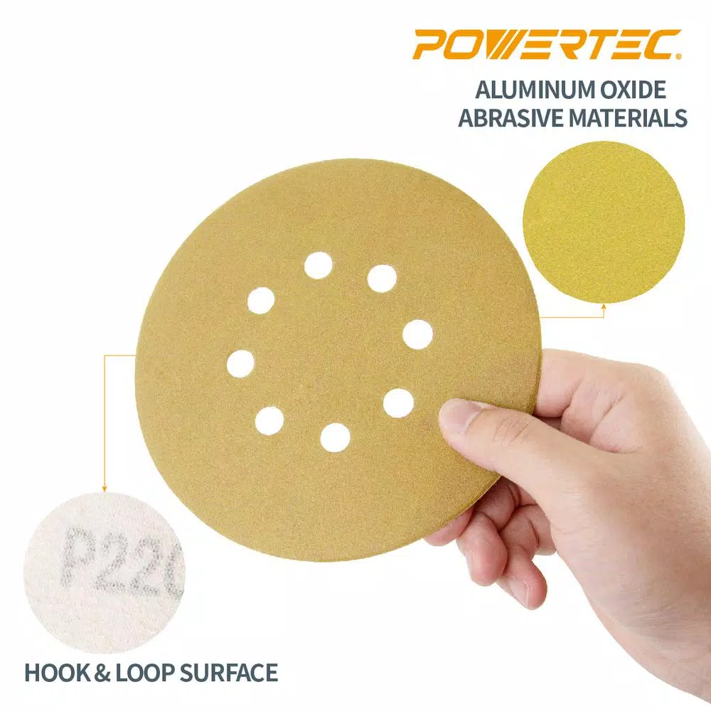 Abrasives POWERTEC 6 In. 8 Hole 60-Grit Hook And Loop Sanding Discs In Gold (50-Pack) - Image 4