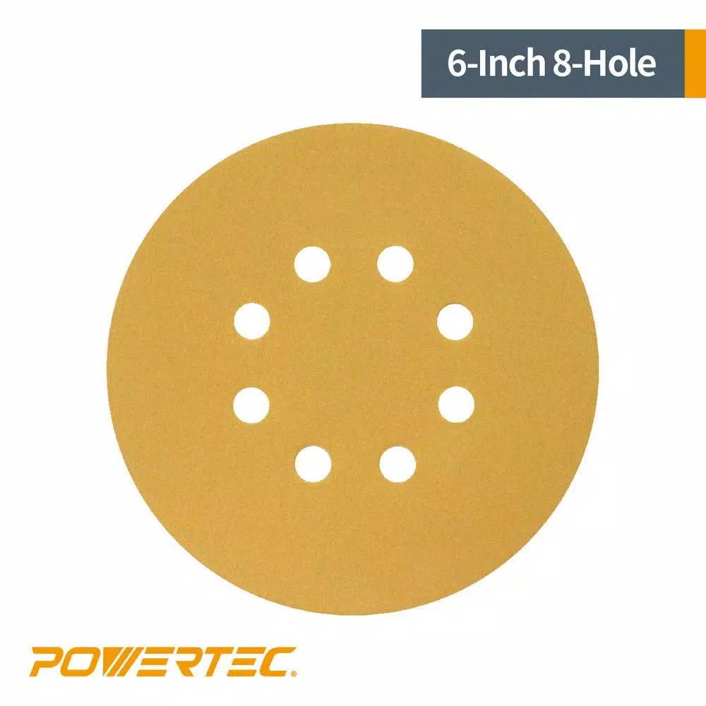Abrasives POWERTEC 6 In. 8 Hole 60-Grit Hook And Loop Sanding Discs In Gold (50-Pack) - Image 3