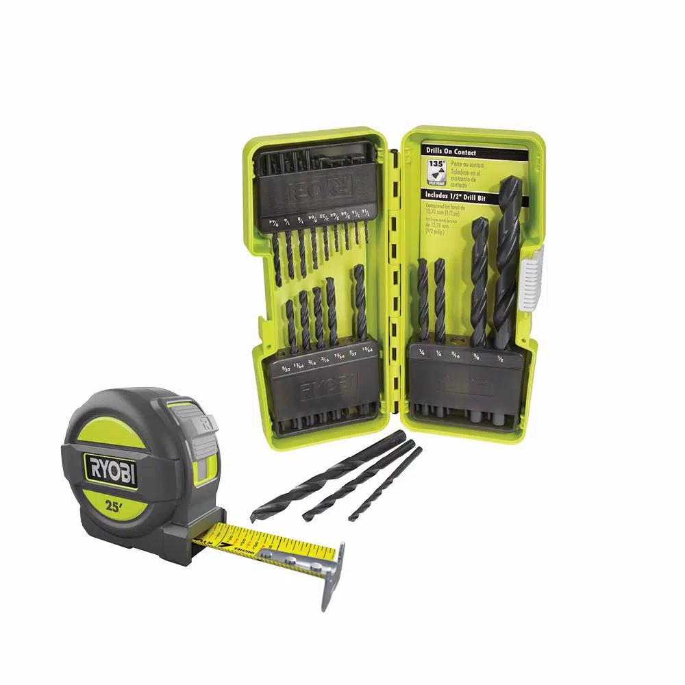 Drill Bits RYOBI Black Oxide Drill Bit Set (21-Piece) With BONUS 25FT Tape Measure