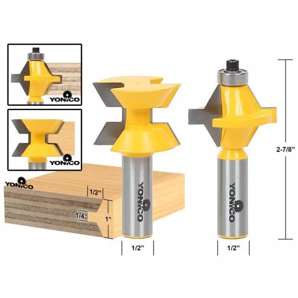 Woodworking Tool Accessories Yonico Tongue And Groove Edge Banding Up To 1 In. Stock 1/2 In. Shank Carbide Tipped Router Bit Set (2-Piece) - Image 2