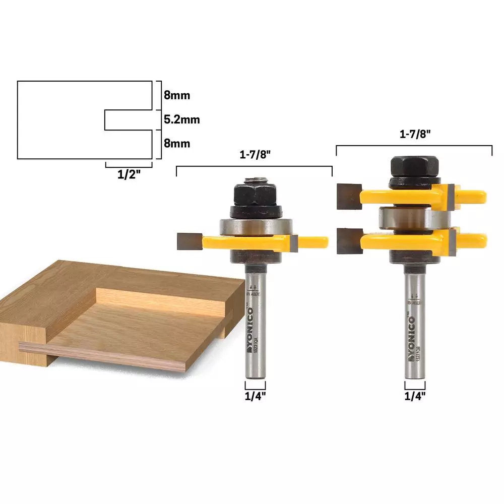 Woodworking Tool Accessories Yonico Plywood Tongue And Groove 1/4 In. Plywood 1/4 In. Shank Carbide Tipped Router Bit Set (2-Piece)